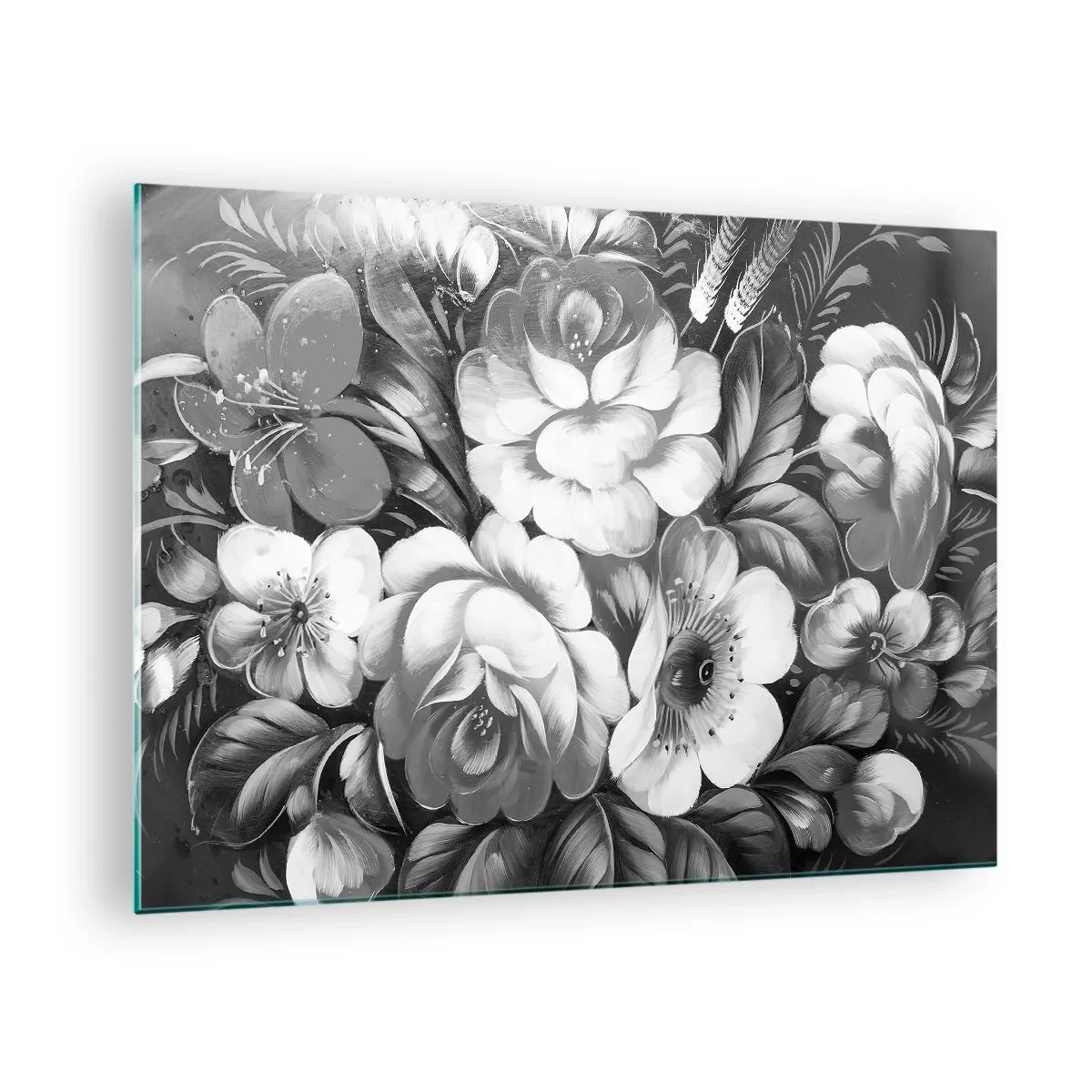 Obraz na skle - Elegantní kytice květin v odstínech šedé - 70x50cm - Krásné dokonce v šedi - Moderní nástěnná dekorace do obývacího pokoje a ložnice ARTTOR