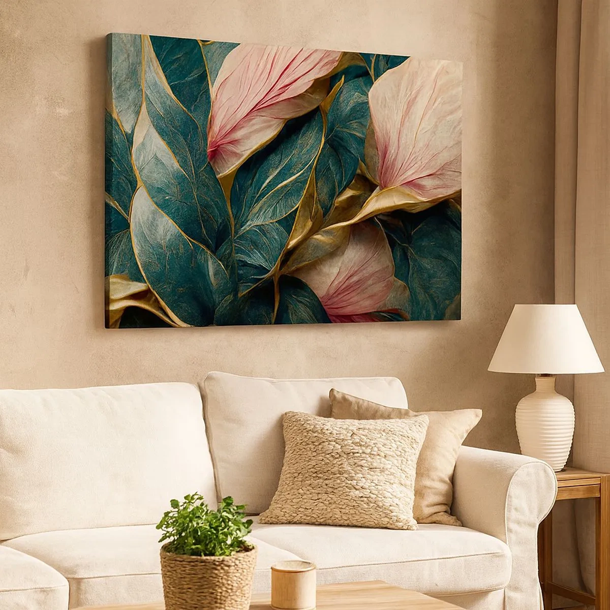 Obraz na plátně - Elegantní listy v zelené, zlaté a růžové barvě - 70x50cm - Přirozená elegance a styl - Moderní nástěnná dekorace do obývacího pokoje a ložnice ARTTOR