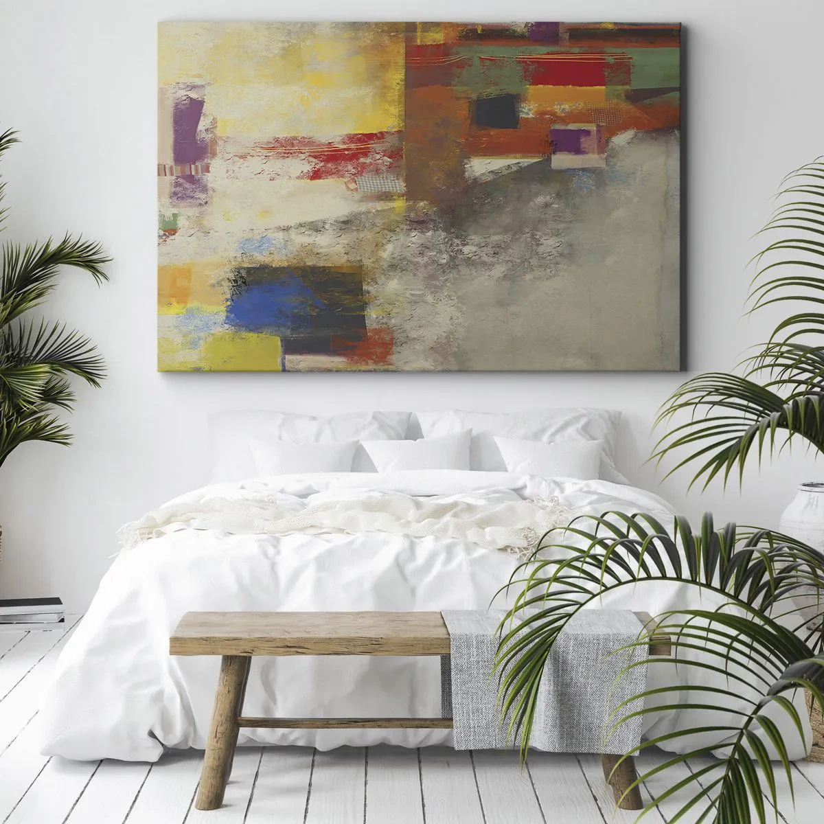 Obraz na plátně - Barevná abstrakce s geometrickými tvary - 70x50cm - Geometrie barev - Moderní nástěnná dekorace do obývacího pokoje a ložnice ARTTOR