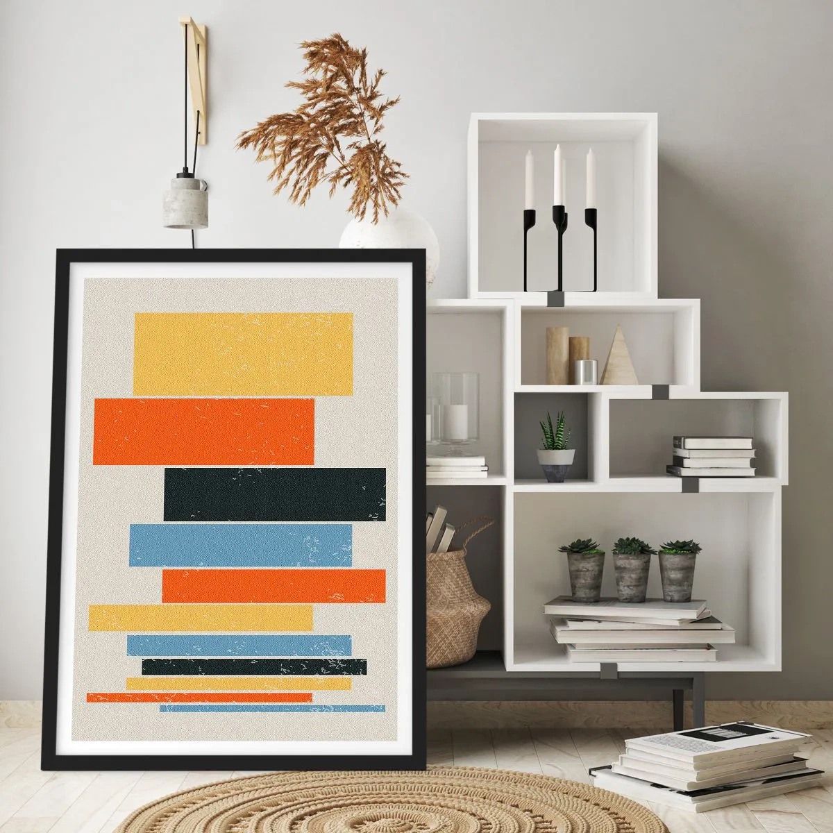Plakát v černém rámu - Barevné geometrické obdélníky na světlém pozadí - 50x70cm - Záznam hudby - Moderní nástěnná dekorace do obývacího pokoje a ložnice ARTTOR