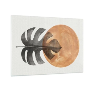 Obraz na skle - List monstery a oranžový kruh v grafickém stylu na bílém pozadí. - 70x50cm - Vždy slunce - Moderní nástěnná dekorace do obývacího pokoje a ložnice ARTTOR