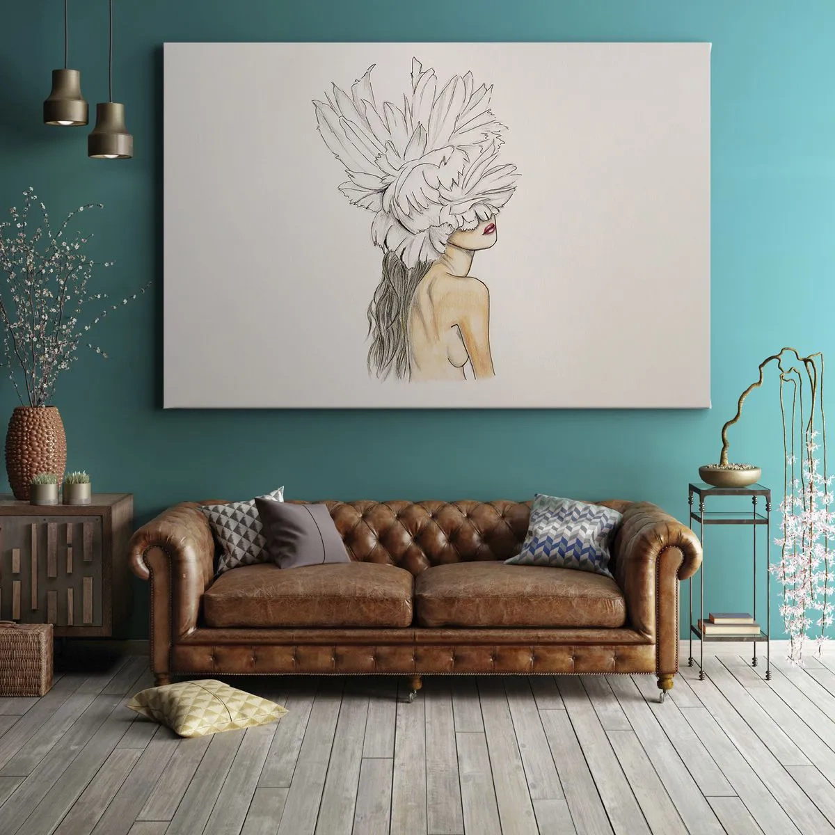 Obraz na plátně - Portrét ženy s peřím v uměleckém stylu - 70x50cm - Vrchol krásy - Moderní nástěnná dekorace do obývacího pokoje a ložnice ARTTOR