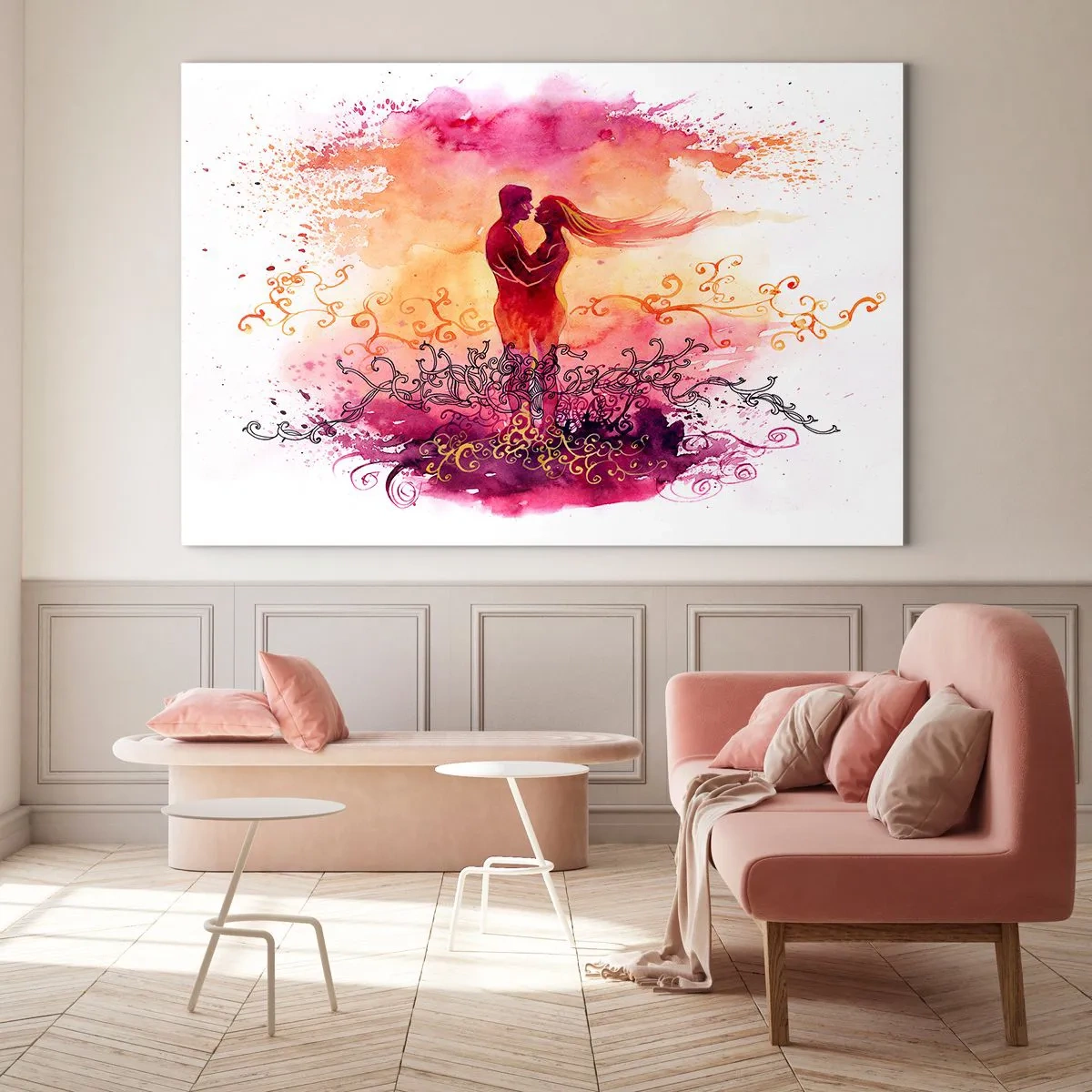 Obraz na skle - Romantický pár v abstraktních, teplých barvách - 70x50cm - Jedno srdce! Potřebuji tak málo… - Moderní nástěnná dekorace do obývacího pokoje a ložnice ARTTOR