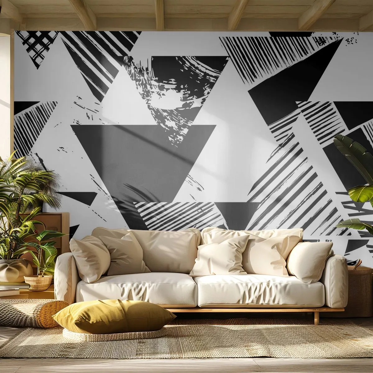 Fototapeta Samolepicí Deluxe Sticker - Déšť trojúhelníků - Abstrakce, Grafika, Černý a bílý - 250x175 cm
