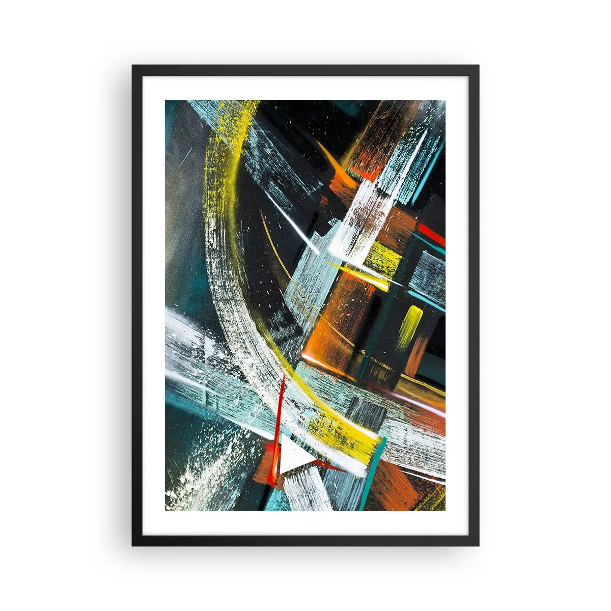 Plakát v černém rámu - Abstrakce v intenzivních barvách s geometrickými tvary - 50x70cm - Energie pohybu - Moderní nástěnná dekorace do obývacího pokoje a ložnice ARTTOR