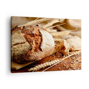 Obraz na plátně - Křupavý chléb s obilovinami a pšeničným klasem na dřevěném pozadí - 70x50cm - Chutný, voňavý, křupavý - Moderní nástěnná dekorace do obývacího pokoje a ložnice ARTTOR