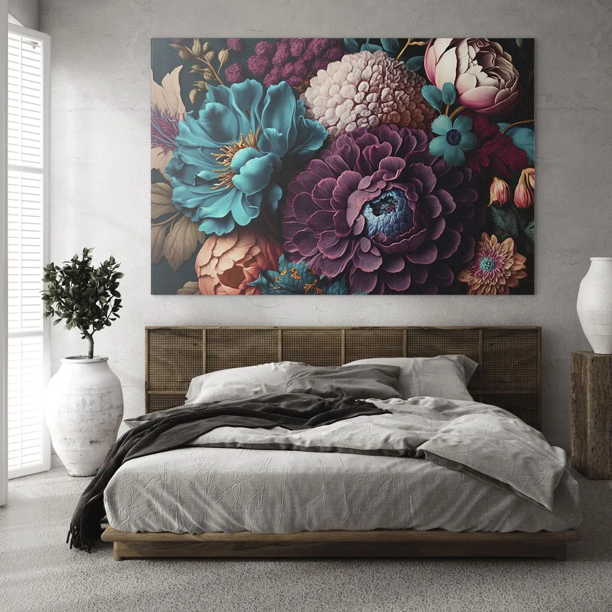 Obraz na skle - Bohatá kompozice květin v intenzivních barvách - 70x50cm - Úroda přírody - Moderní nástěnná dekorace do obývacího pokoje a ložnice ARTTOR