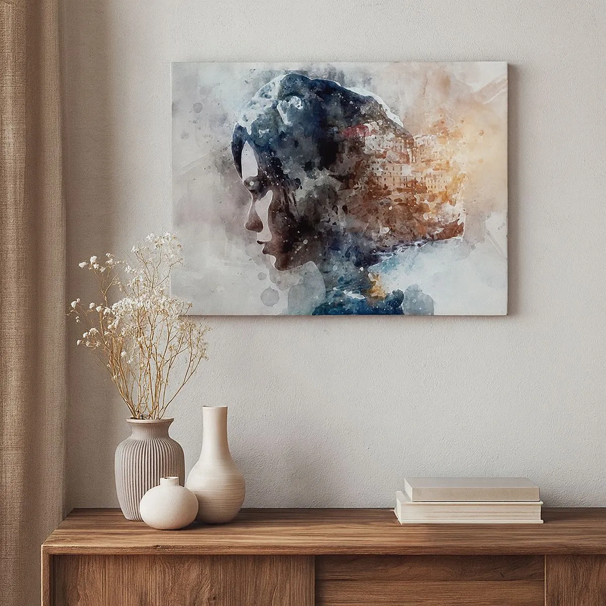 Obraz na plátně - Portrét ženy kombinující její tvář s městskou krajinou v pozadí - 70x50cm - Příběh o dívce s městem v pozadí - Moderní nástěnná dekorace do obývacího pokoje a ložnice ARTTOR