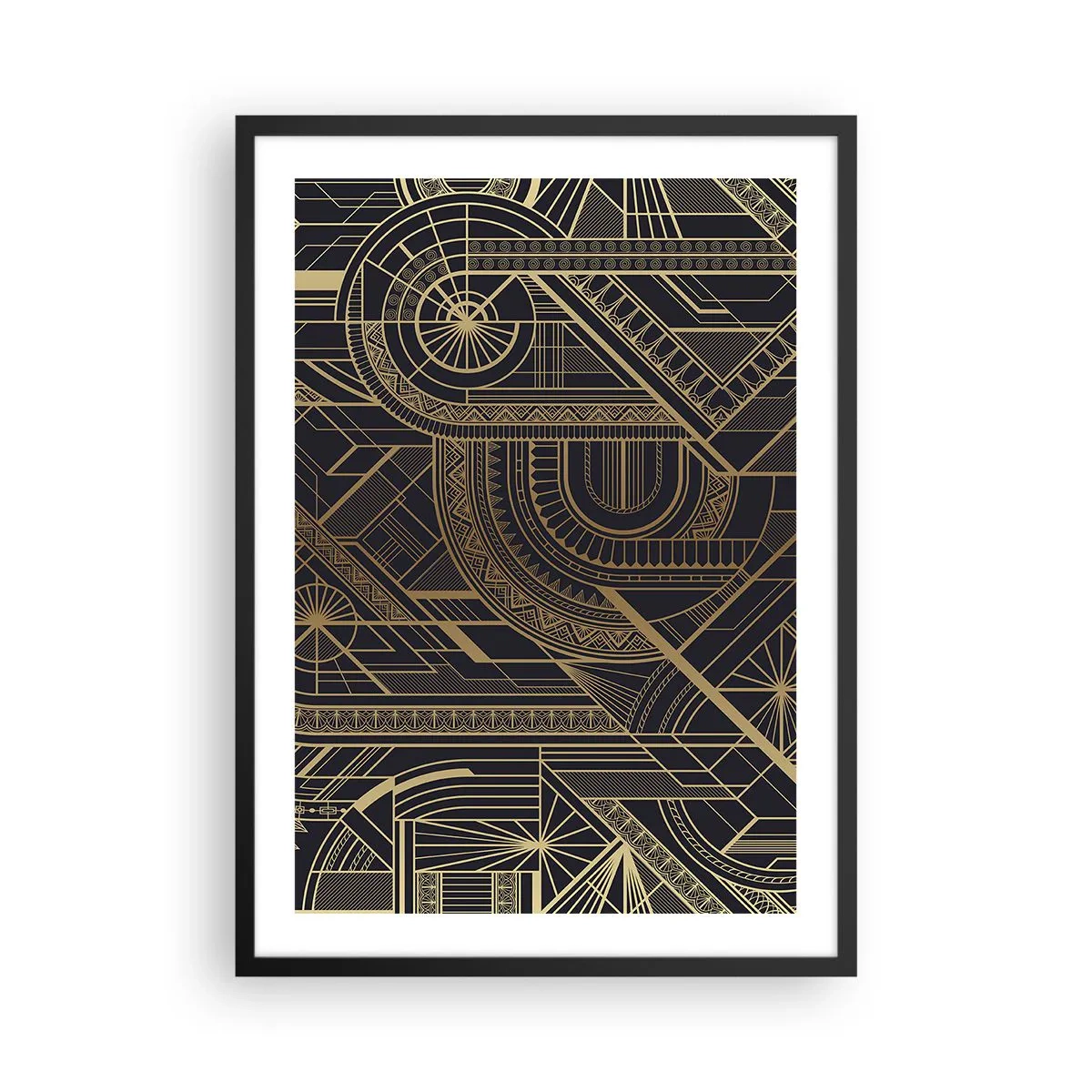 Plakát v černém rámu - Geometrický vzor ve zlatých odstínech na černém pozadí - 50x70cm - Koncepty, nápady, plány - Moderní nástěnná dekorace do obývacího pokoje a ložnice ARTTOR