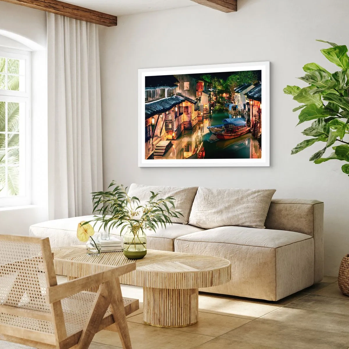 Plakát v bílém rámu - Večer na čínské ulici - 100x70 cm
