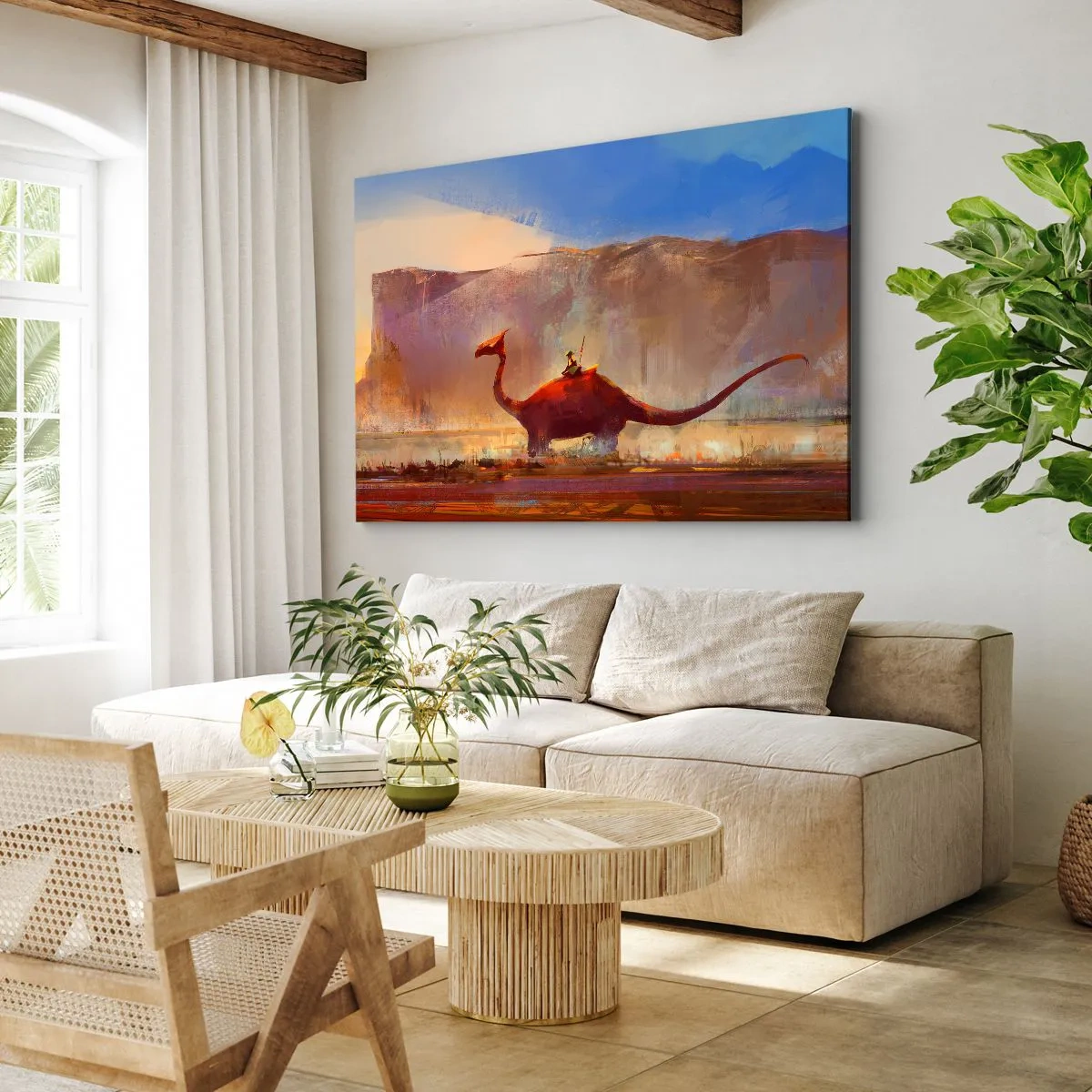 Obraz na plátně - Fantastická scéna s jezdcem na prehistorickém tvorovi - 70x50cm - Kdyby nevyhynuly - Moderní nástěnná dekorace do obývacího pokoje a ložnice ARTTOR