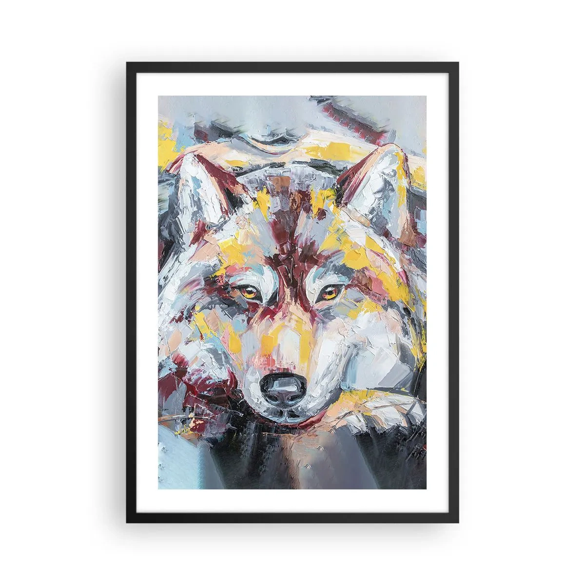 Plakát v černém rámu - Abstraktní portrét vlka s barevnými tahy štětcem. - 50x70cm - Klid mezi blízkými - Moderní nástěnná dekorace do obývacího pokoje a ložnice ARTTOR