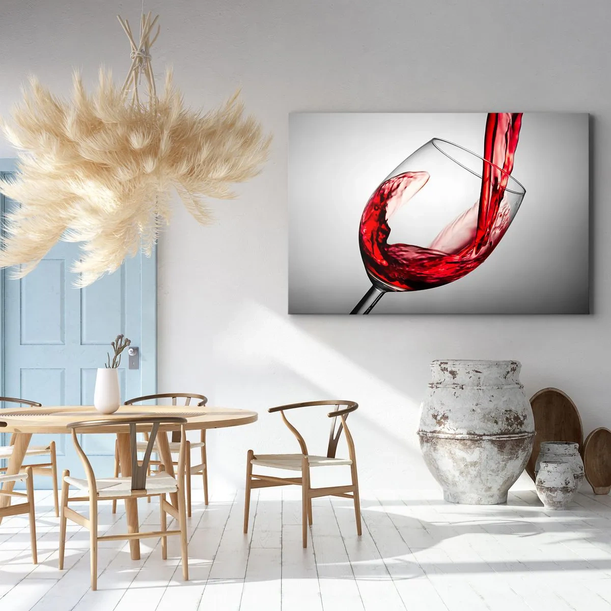 Obraz na plátně - Sklenice červeného vína nalévaná na světlém pozadí - 70x50cm - Barva - pohyb - zvuk - Moderní nástěnná dekorace do obývacího pokoje a ložnice ARTTOR