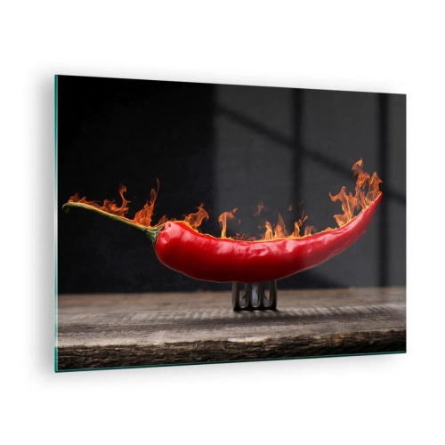 Obraz na skle - Hořící červená chilli paprička na černém pozadí - 70x50cm - Ohnivý předkrm - Moderní nástěnná dekorace do obývacího pokoje a ložnice ARTTOR