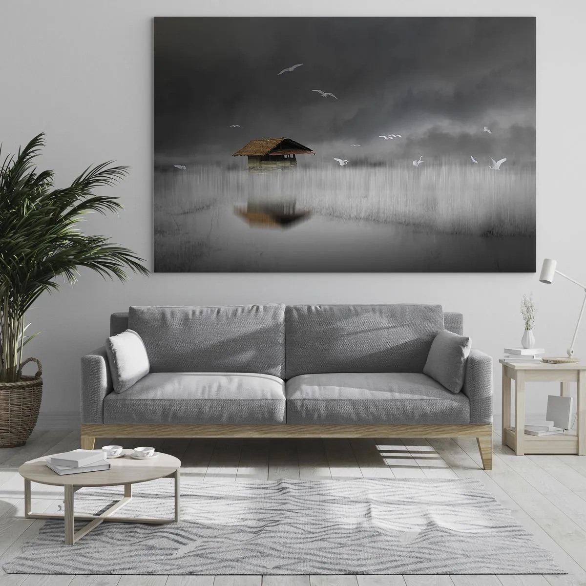 Obraz na skle - Dům na vodě v mlze s létajícími ptáky - 70x50cm - Úkryt před deštěm - Moderní nástěnná dekorace do obývacího pokoje a ložnice ARTTOR