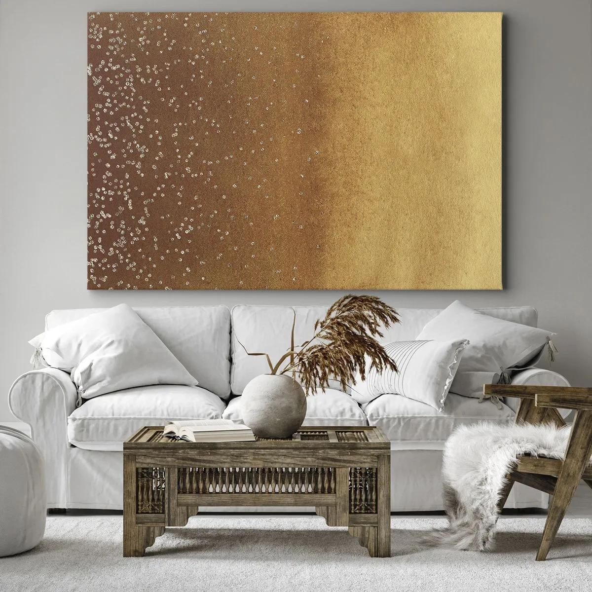 Obraz na plátně - Zlatý gradient s jemným třpytem a zdobením - 70x50cm - Zrození světla - Moderní nástěnná dekorace do obývacího pokoje a ložnice ARTTOR