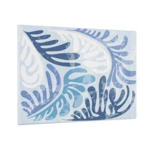 Obraz na skle - Dekorativní listy kapradí v odstínech modré na světlém pozadí - 70x50cm - Modré kapradí - Moderní nástěnná dekorace do obývacího pokoje a ložnice ARTTOR