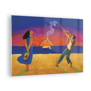 Obraz na skle - Barevný abstrakt páru na pláži při západu slunce - 70x50cm - Více než hvězda z nebe - Moderní nástěnná dekorace do obývacího pokoje a ložnice ARTTOR