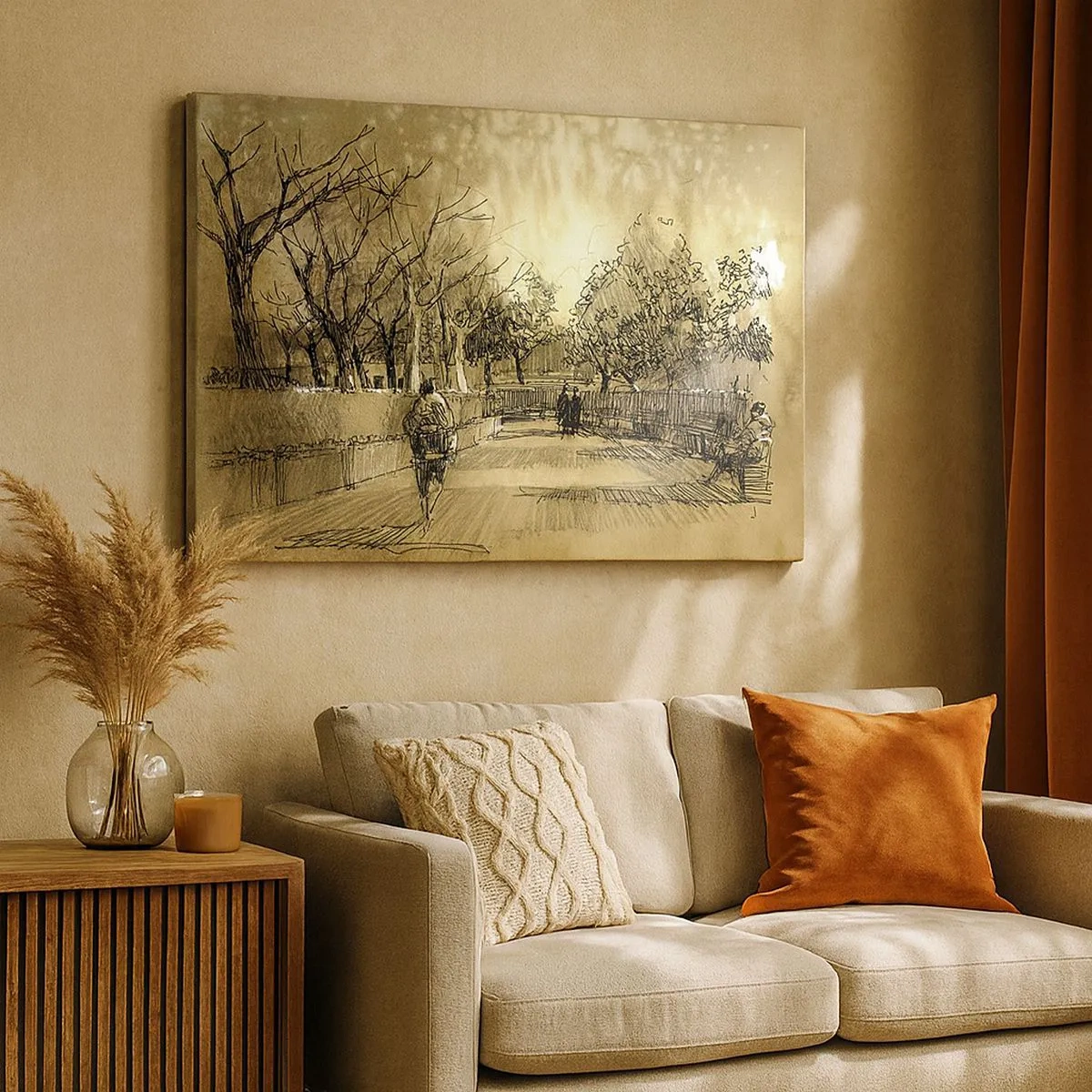 Obraz na plátně - Kreslená scéna z parku s lidmi, kteří jdou, v teplých tónech. - 70x50cm - Pírkem zastavený okamžik - Moderní nástěnná dekorace do obývacího pokoje a ložnice ARTTOR