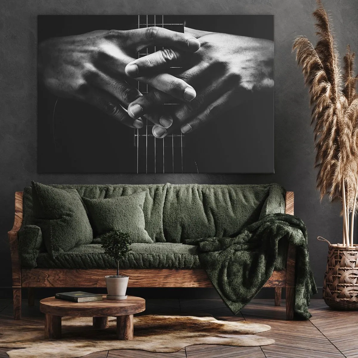 Obraz na plátně - Ruce sepjaté na kytaře v monochromatickém tónu - 70x50cm - Umělcova modlitba - Moderní nástěnná dekorace do obývacího pokoje a ložnice ARTTOR