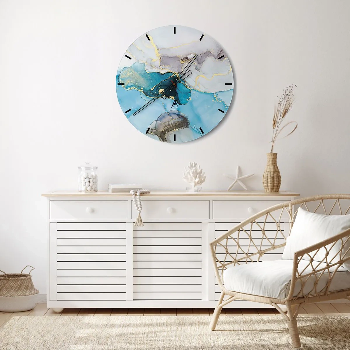 Nástěnné hodiny - Abstraktní kombinace šedých, tyrkysových a zlatých akcentů - 30x30cm - Studie o setkání šedé a tyrkysové - Moderní nástěnná dekorace do obývacího pokoje, kuchyně a ložnice ARTTOR