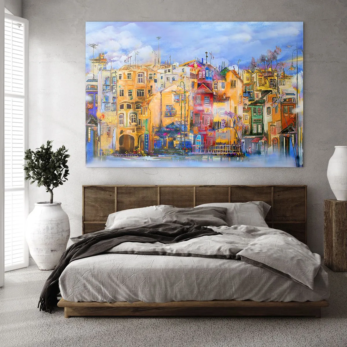 Obraz na skle - Barevné činžovní domy v uměleckém městském prostředí - 70x50cm - Jsme spolu - Moderní nástěnná dekorace do obývacího pokoje a ložnice ARTTOR