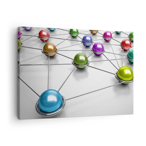 Obraz na plátně - Barevné kuličky spojené tenkými čarami na bílém pozadí - 70x50cm - Vesmírná pavučina - Moderní nástěnná dekorace do obývacího pokoje a ložnice ARTTOR