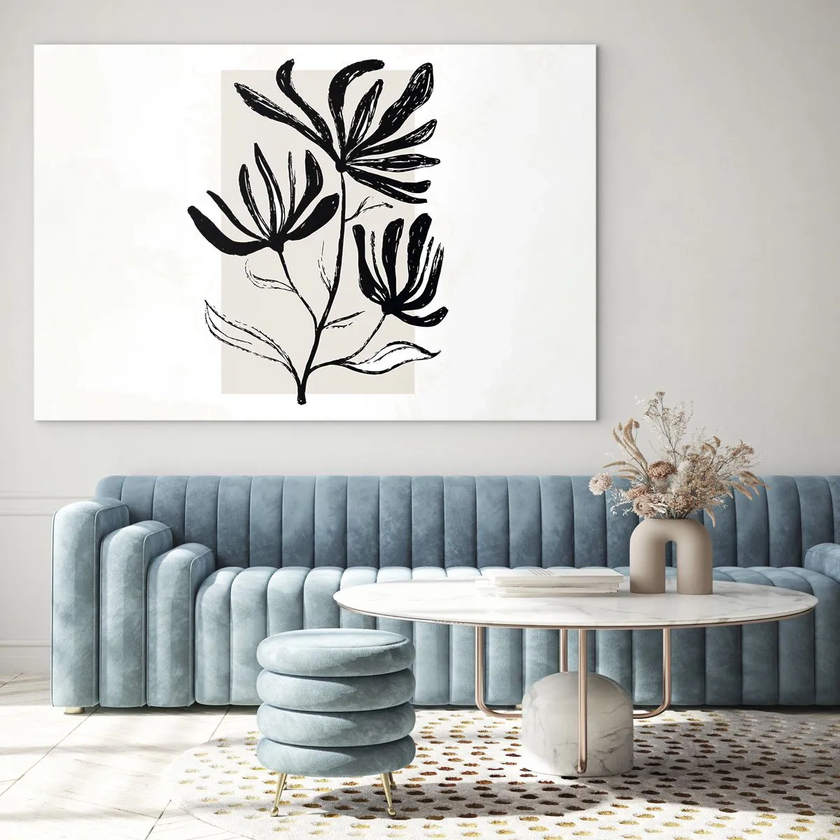 Obraz na skle - Černá skica rostliny na světlém pozadí - 70x50cm - Náčrtek pro herbář - Moderní nástěnná dekorace do obývacího pokoje a ložnice ARTTOR