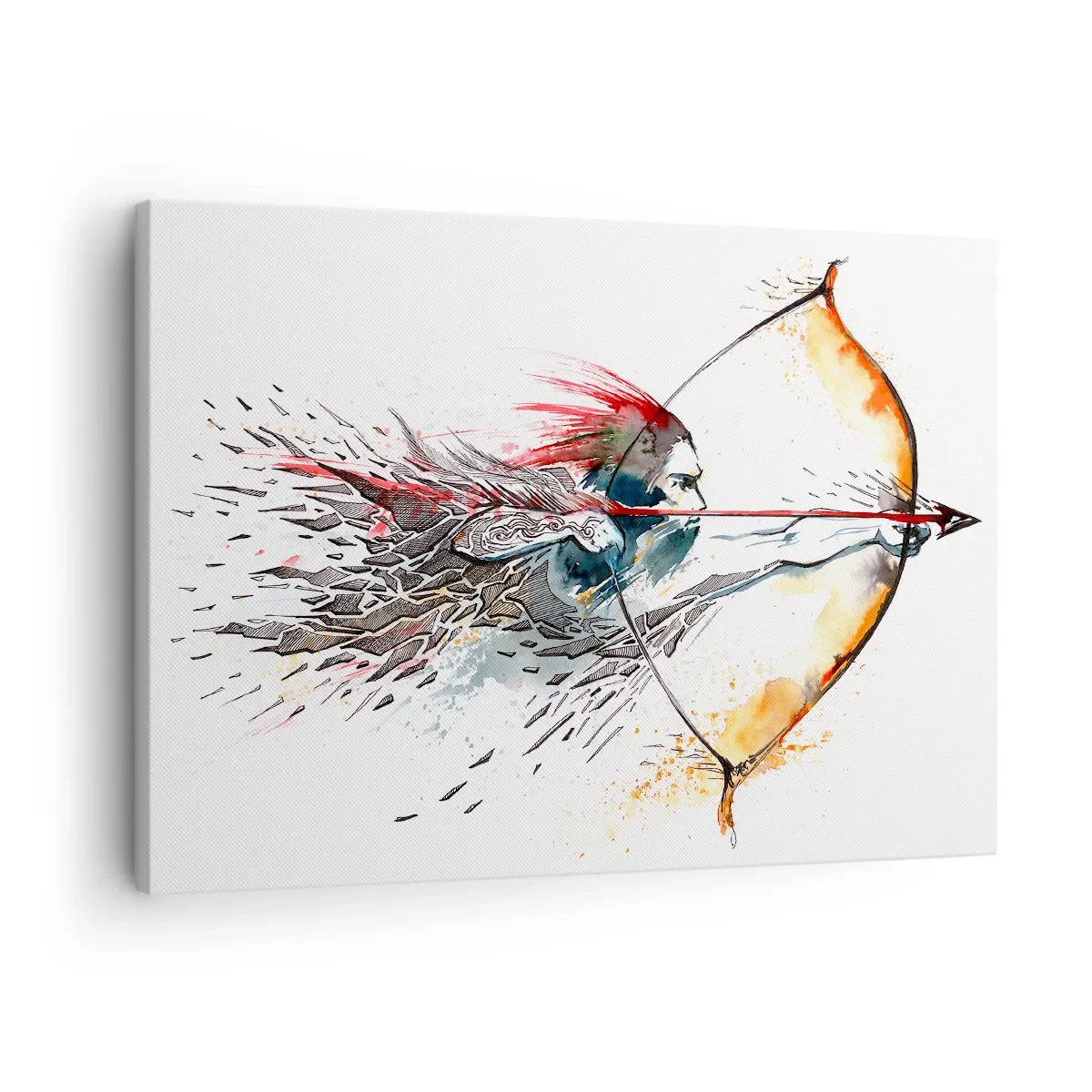 Obraz na plátně - Dynamická akvarelová malba bojovníka s lukem a šípem - 70x50cm - Mytický bojovník s ohnivým lukem - Moderní nástěnná dekorace do obývacího pokoje a ložnice ARTTOR
