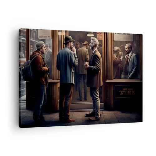 Obraz na plátně - Pouliční scéna s lidmi před retro kavárnou - 70x50cm - Dobrá chvíle dne - Moderní nástěnná dekorace do obývacího pokoje a ložnice ARTTOR