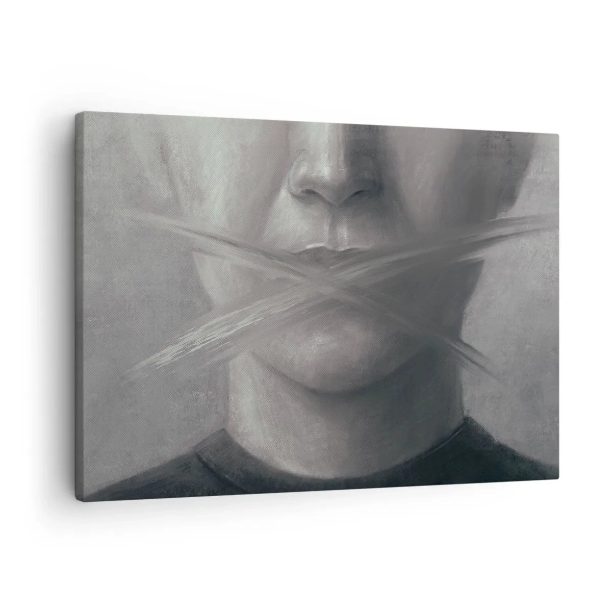 Obraz na plátně - Symbolický portrét s rozmazanými rty v šedých tónech. - 70x50cm - Ani slovo - Moderní nástěnná dekorace do obývacího pokoje a ložnice ARTTOR