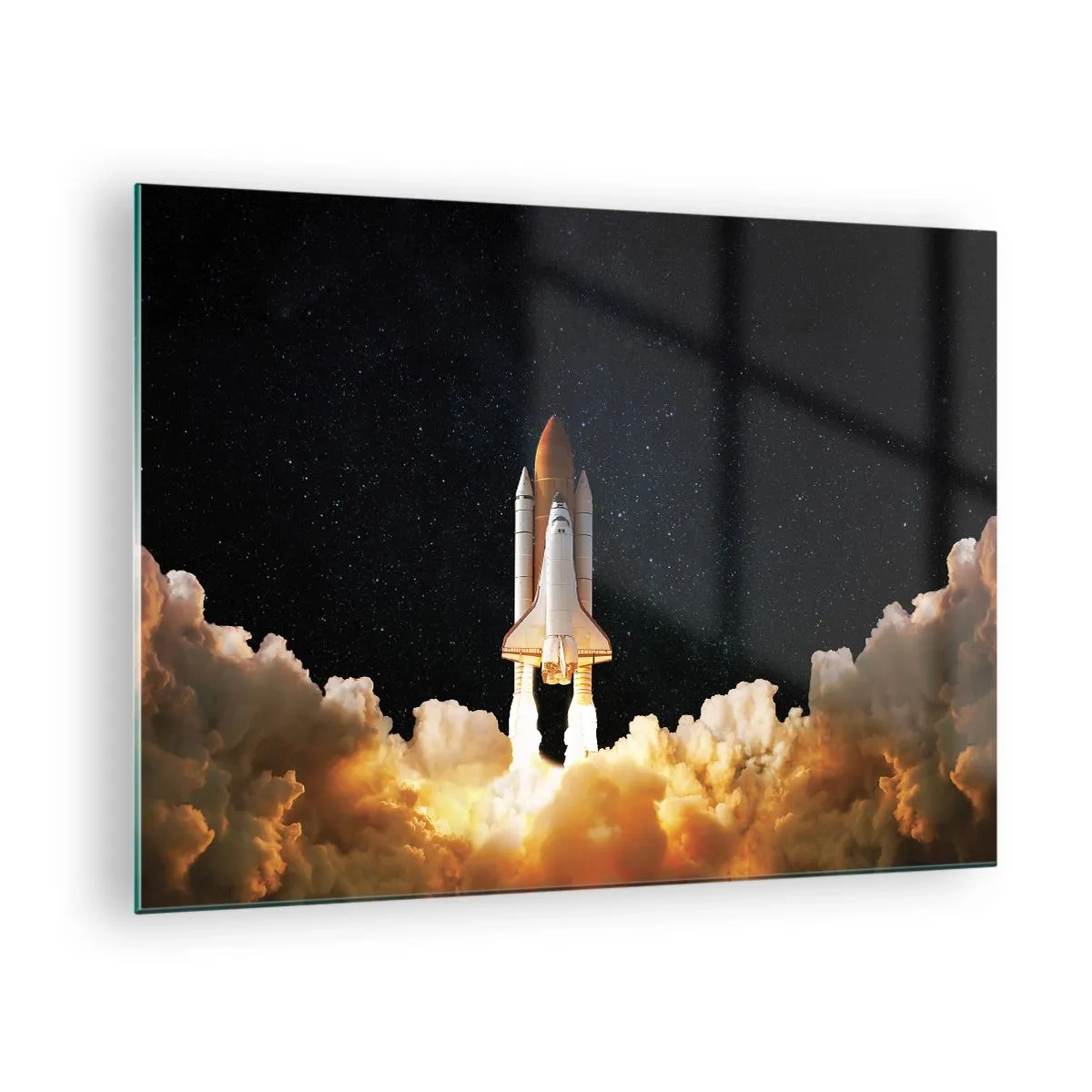 Obraz na skle - Raketoplán vzlétá proti hvězdné obloze - 70x50cm - Ad astra! - Moderní nástěnná dekorace do obývacího pokoje a ložnice ARTTOR