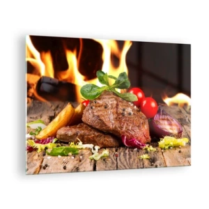 Obraz na skle - Grilovaný steak se zeleninou na pozadí plamenů - 70x50cm - Vykouzlené žárem - Moderní nástěnná dekorace do obývacího pokoje a ložnice ARTTOR