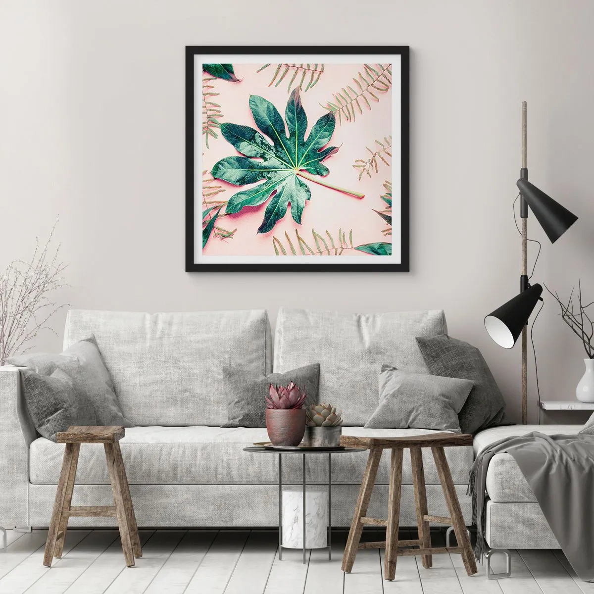 Plakát v černém rámu - Studie zelené na růžovém pozadí - 60x60 cm