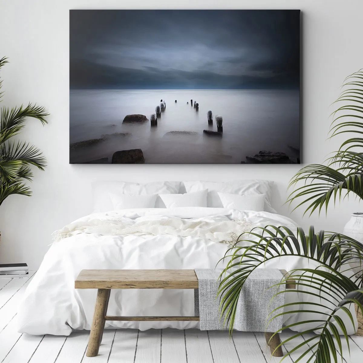 Obraz na plátně - Staré molo na pozadí klidného moře - 70x50cm - Zamyšlené jezero - Moderní nástěnná dekorace do obývacího pokoje a ložnice ARTTOR