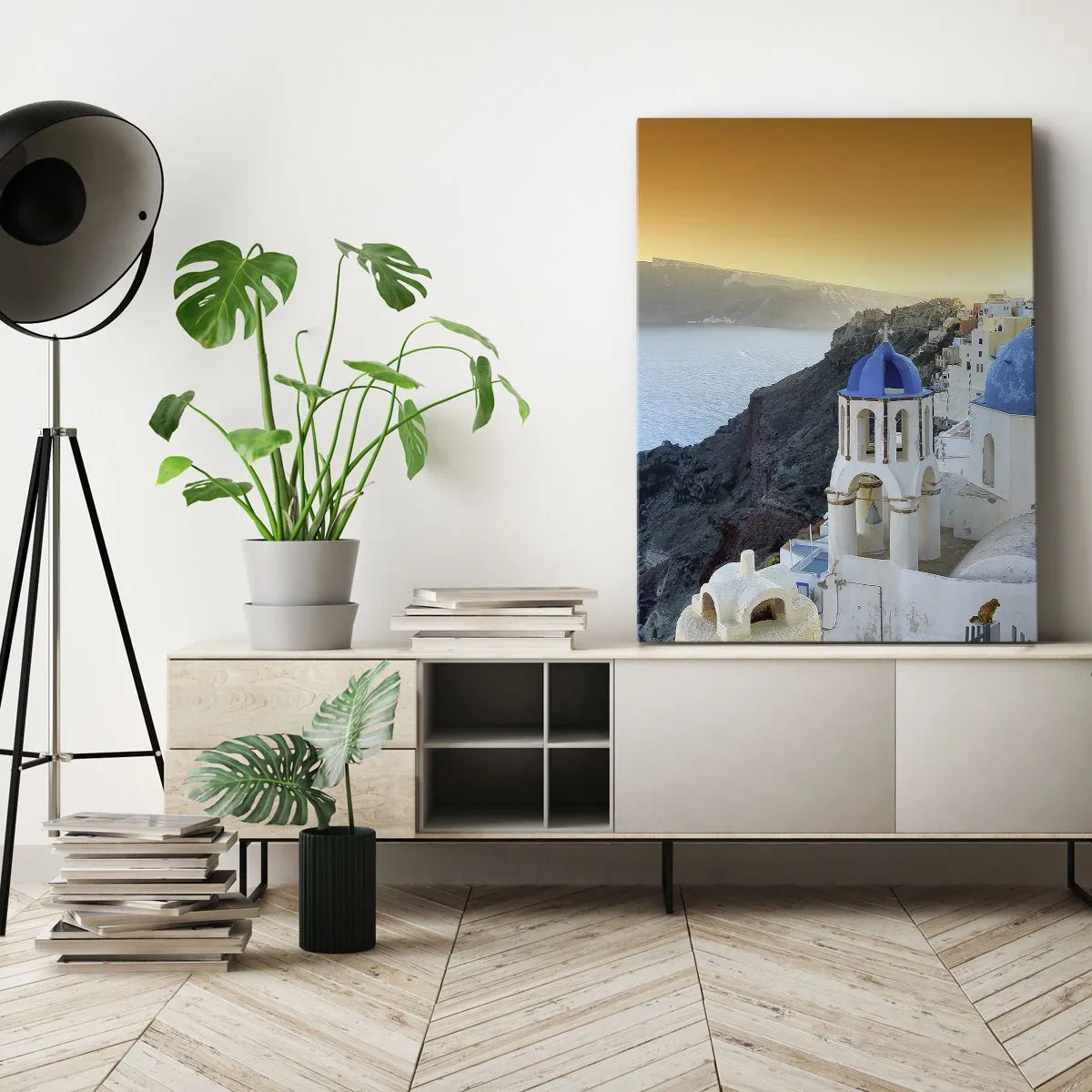 Obraz na plátně - Santorini - přitulené ke skalám - 50x70 cm