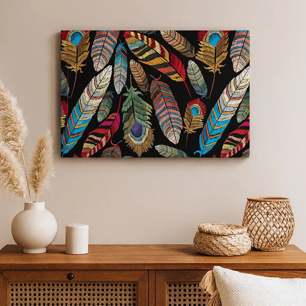 Obraz na plátně - Barevné peří na černém pozadí - 70x50cm - Ptačí karneval - Moderní nástěnná dekorace do obývacího pokoje a ložnice ARTTOR