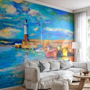 Fototapeta Samolepicí Deluxe Sticker - Odpoledne v duhové zátoce - Rybářský přístav, Rybářská loď, Maják - 100x70 cm