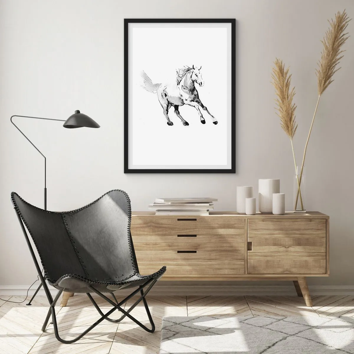 Plakát v černém rámu - Minimalistická ilustrace cválajícího koně - 50x70cm - Nezkrocená duše - Moderní nástěnná dekorace do obývacího pokoje a ložnice ARTTOR