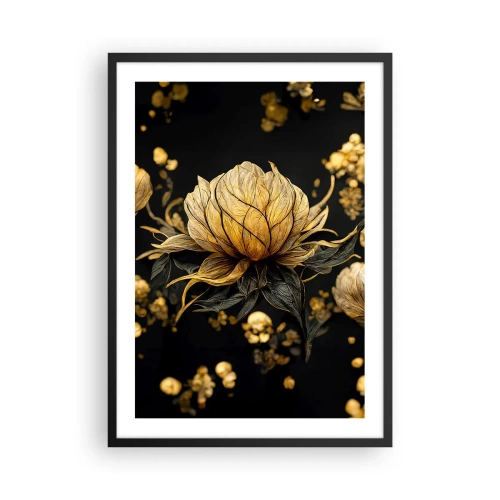Plakát v černém rámu - Zlatý květ na černém pozadí v elegantní kompozici - 50x70cm - Jemná křehkost - Moderní nástěnná dekorace do obývacího pokoje a ložnice ARTTOR