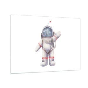 Obraz na skle - Astronaut mává ve vesmíru - 70x50cm - Tak zatím! - Moderní nástěnná dekorace do obývacího pokoje a ložnice ARTTOR