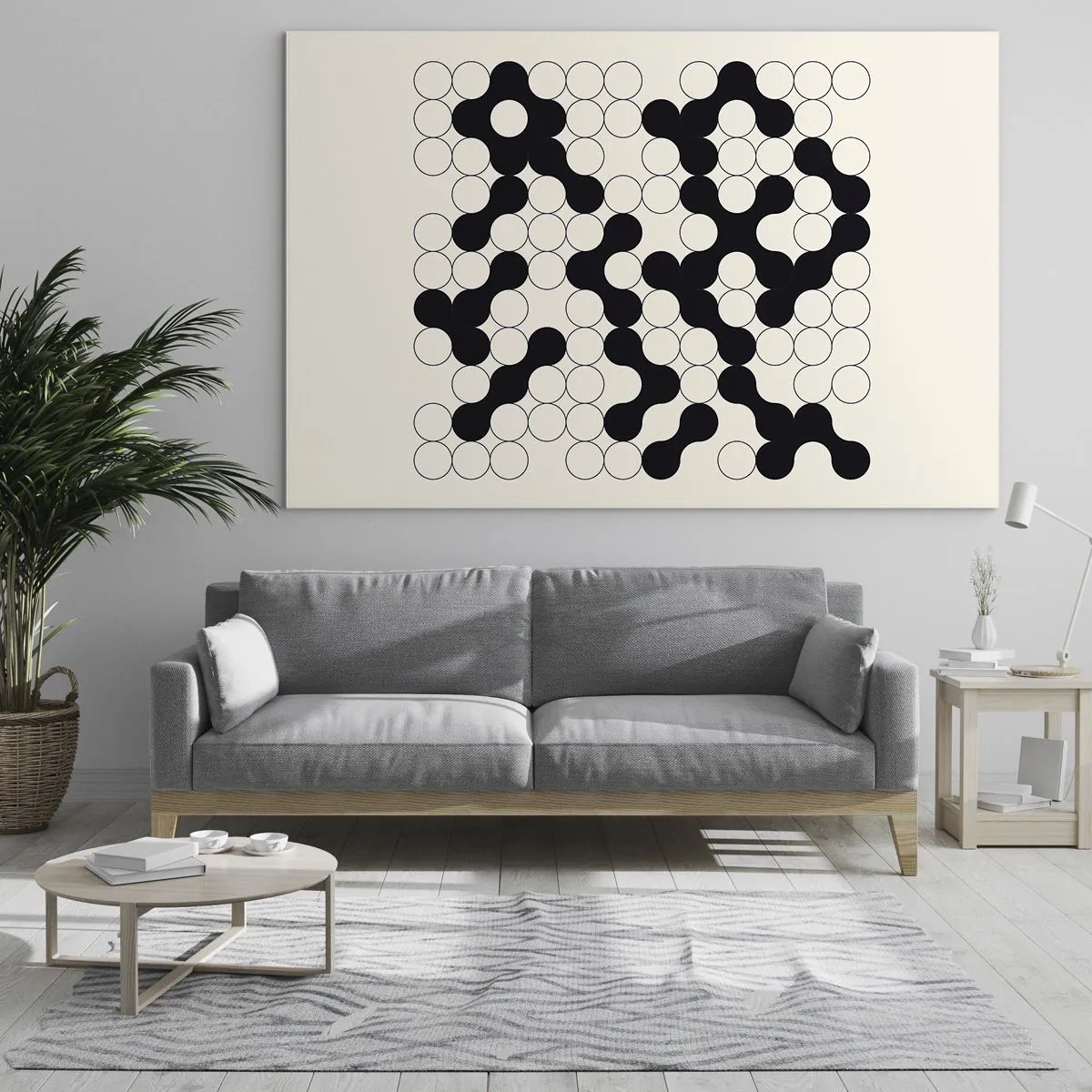 Obraz na skle - Černobílá grafická mozaika složená z propojených teček. - 70x50cm - Čínská hra – variace - Moderní nástěnná dekorace do obývacího pokoje a ložnice ARTTOR