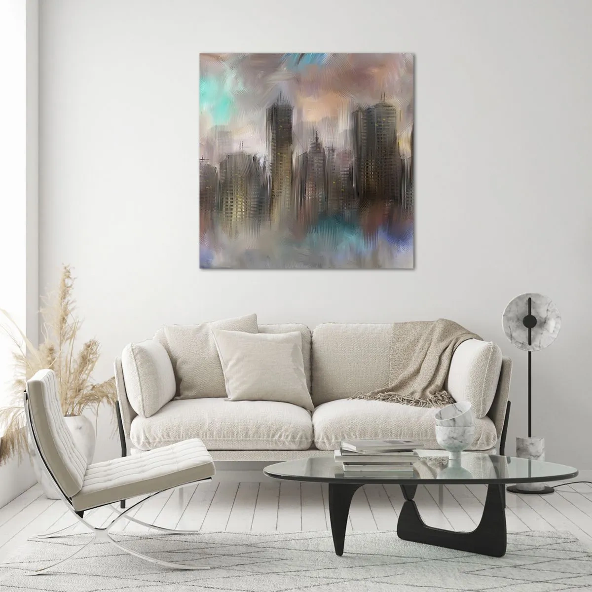 Obraz na skle - Kompozice z oceli, kamene a mlhy - 40x40 cm