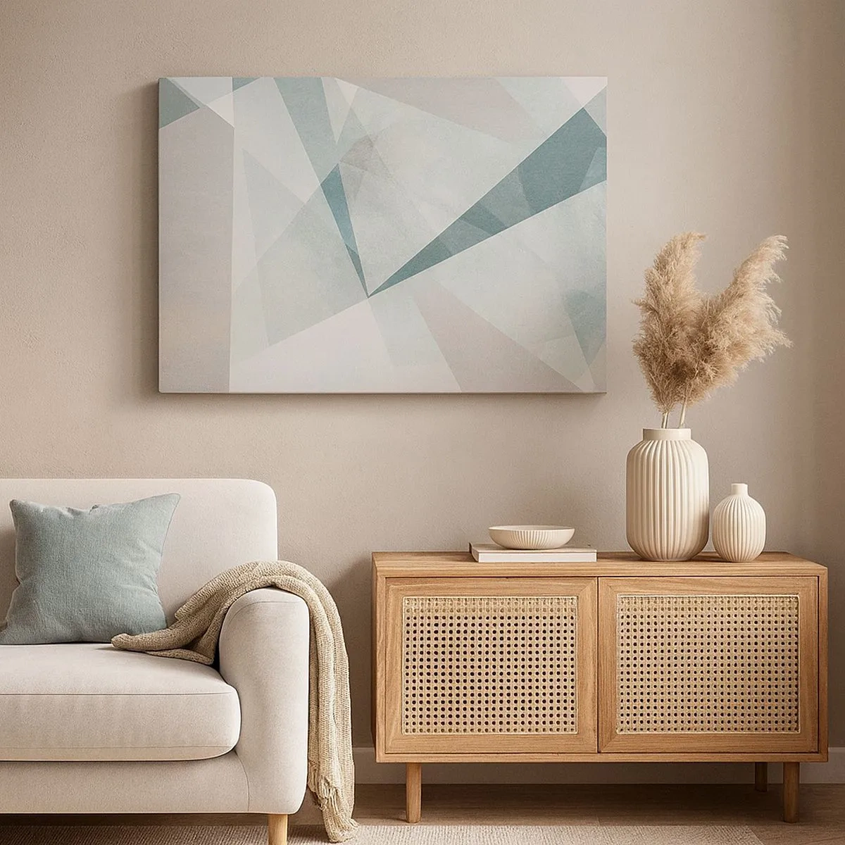 Obraz na plátně - Geometrické tvary v pastelových odstínech modré a šedé - 70x50cm - V klidu, ale dynamicky - Moderní nástěnná dekorace do obývacího pokoje a ložnice ARTTOR