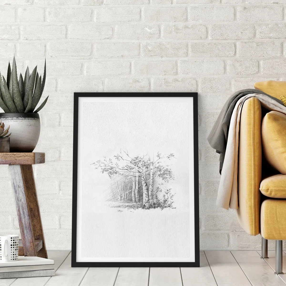 Plakát v černém rámu - Skica březového lesa v jemných černobílých tónech. - 50x70cm - Světlo březového lesa - Moderní nástěnná dekorace do obývacího pokoje a ložnice ARTTOR