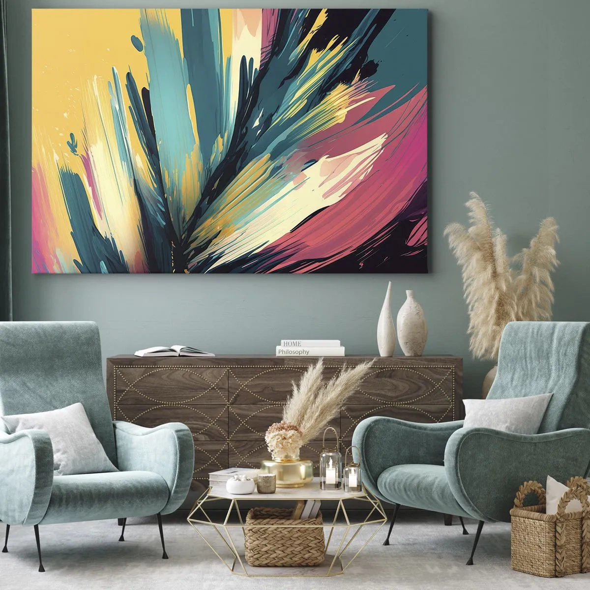 Obraz na plátně - Abstraktní kompozice v intenzivních a kontrastních barvách. - 70x50cm - Kompozice – exploze radosti - Moderní nástěnná dekorace do obývacího pokoje a ložnice ARTTOR