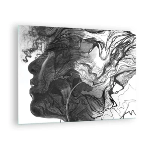 Obraz na skle - Černá a bílá silueta ženy s abstraktními liniemi - 70x50cm - Zapletená ve snech - Moderní nástěnná dekorace do obývacího pokoje a ložnice ARTTOR