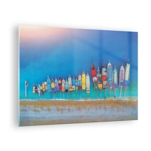 Obraz na skle - Barevné lodě na břehu tyrkysového moře - 70x50cm - Z ptačí perspektivy - Moderní nástěnná dekorace do obývacího pokoje a ložnice ARTTOR