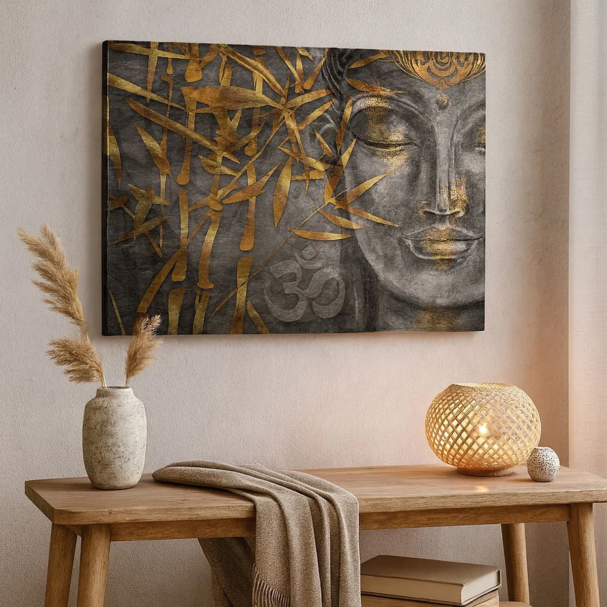 Obraz na plátně - Zen Buddha obraz se zlatými bambusy - 70x50cm - Pociťte klid - Moderní nástěnná dekorace do obývacího pokoje a ložnice ARTTOR