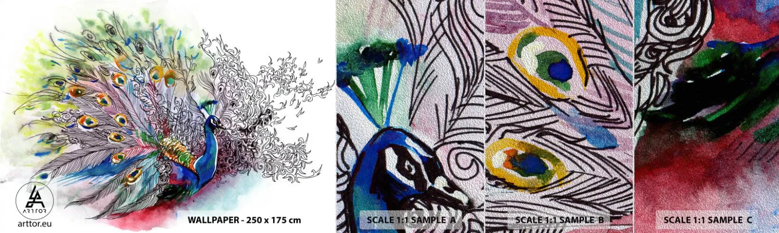 Vzor Fototapety Premium Sand - S pýchou proti šedi  - Pták, Páv, Peří - 100x30 cm